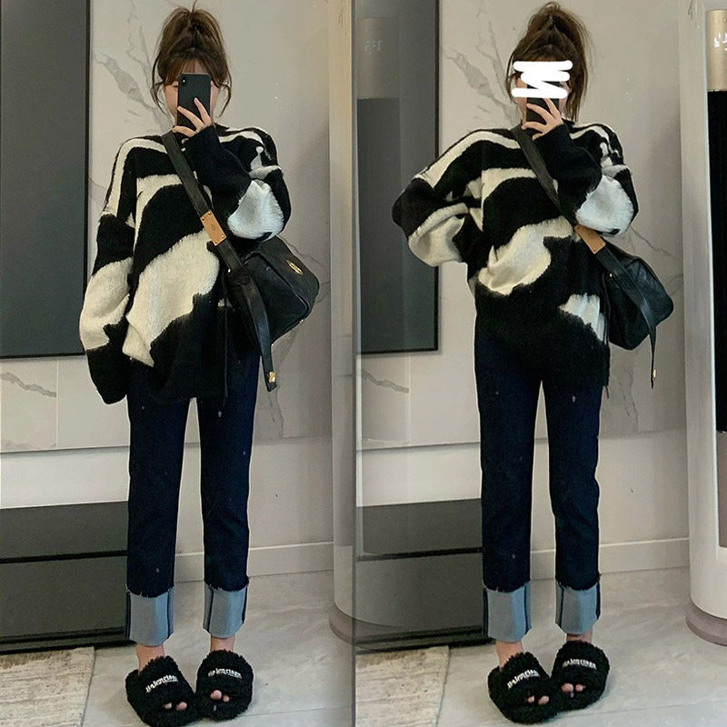 임부복 가을 겨울 정장 패셔너블한 새 바지 겨울 아우터 스웨터 벨벳 두꺼운 청바지 와이드 팬츠