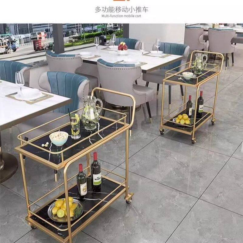 北欧移动小推车高档收纳车酒店酒水车金色多层铁艺餐车餐厅传菜车