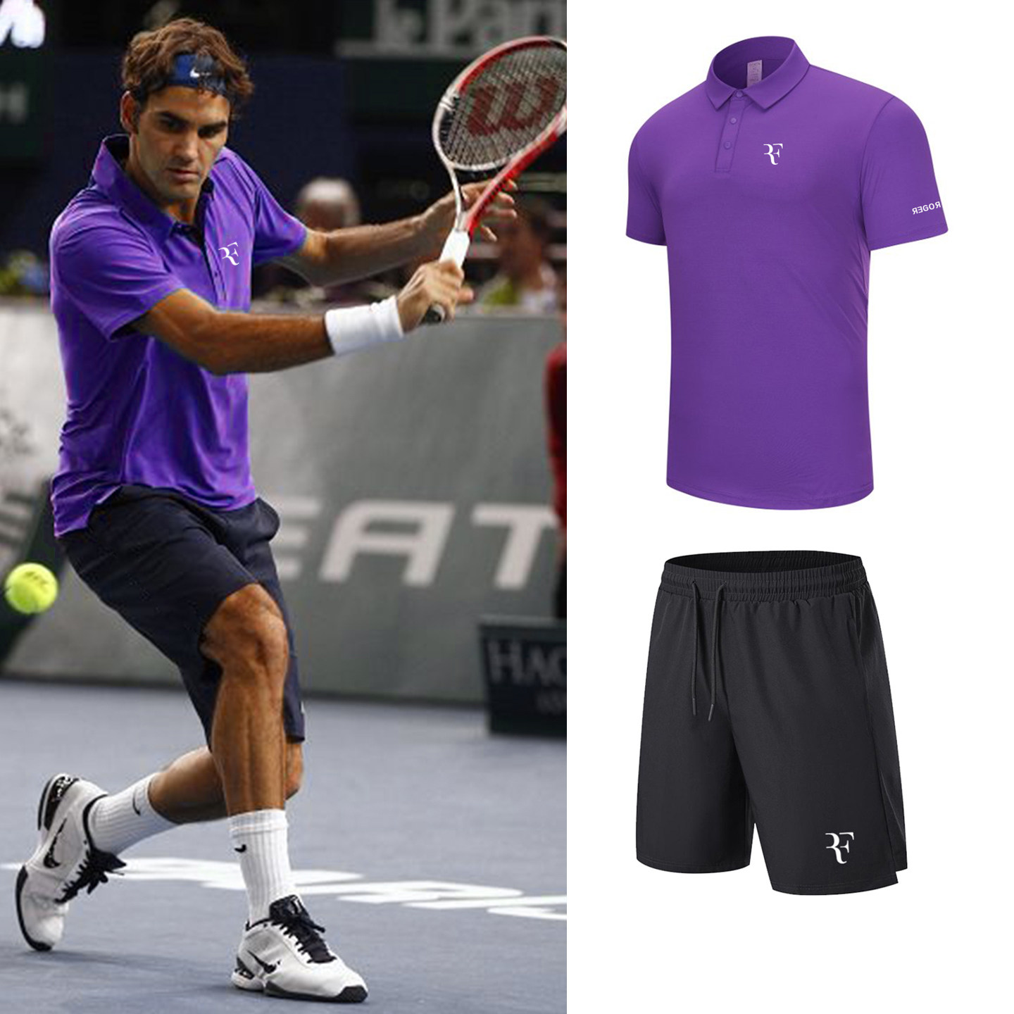 新款网球服男速干短袖POLO衫费德勒同款紫色上衣吸湿透气运动短裤