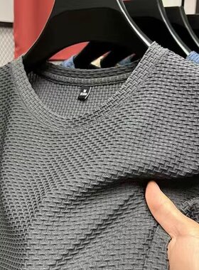 竹节网眼冰丝t恤男夏季新款高档短袖圆领t恤男打底衫纯色上衣服男