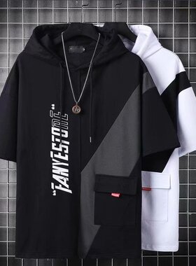 帽衫连帽短袖T恤男ins夏季宽松大码加肥加大胖子男装上衣夏装