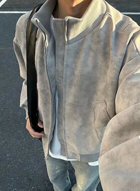 秋冬灰色扎染立领pu皮衣外套男短款棒球服cleanfit美式飞行员夹克