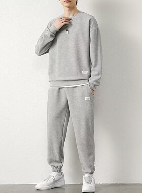 2024年春秋潮流华夫格休闲运动套装宽松大码长袖卫衣搭配帅气一套