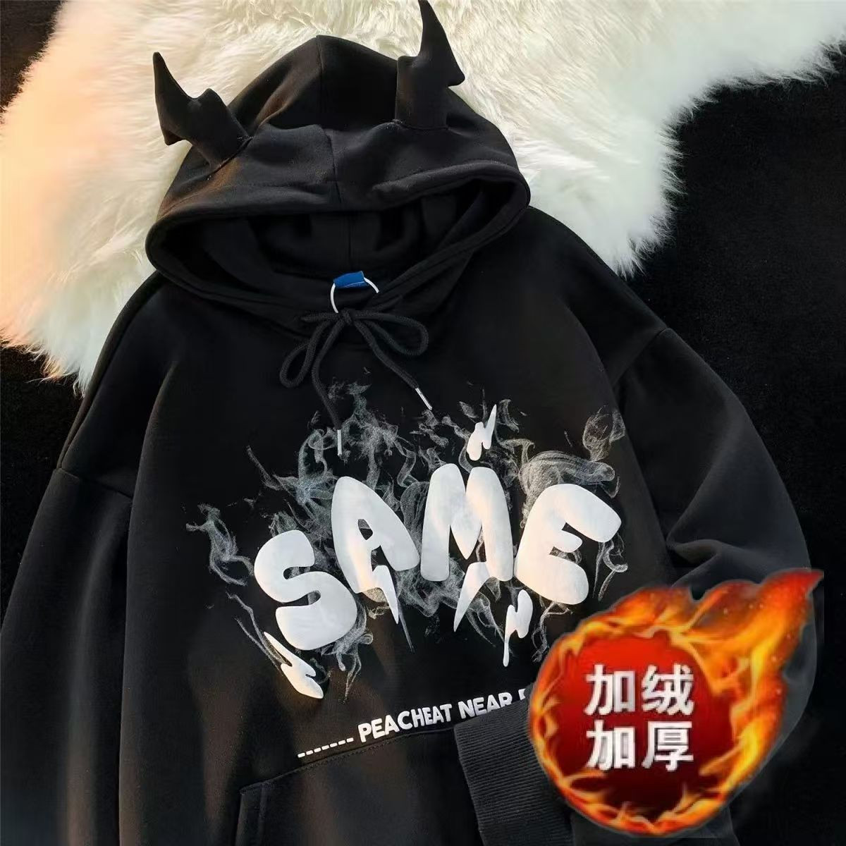 春秋季恶魔潮流印花男女生情侣连帽卫衣甜酷加绒套头带角洋气卫衣