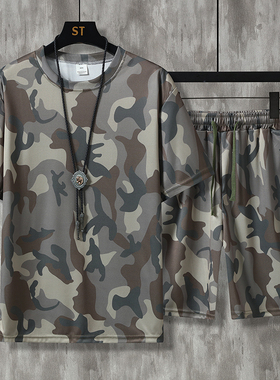 夏季潮流男装男迷彩服套装短袖五分裤大码宽松透气运动休闲工作服