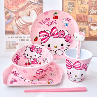 卡通kt猫宝宝吃饭碗幼儿园可爱凯蒂猫碗耐摔防烫儿童碗盘套装餐具