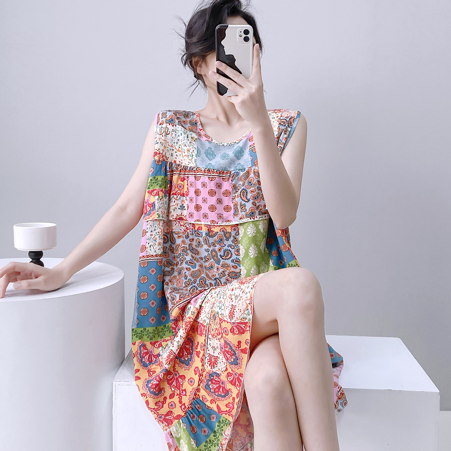 新中式田园国风睡衣夏季背心裙绵绸防凸点可外穿女人棉绸薄款睡裙