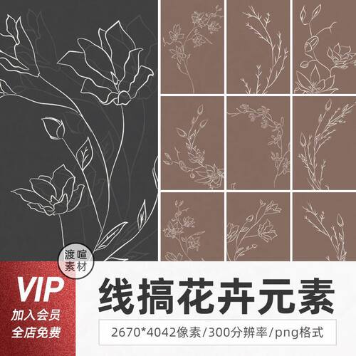 森系植物树枝花纹形状花卉LOGO素材线条线描线稿清新png元素图片