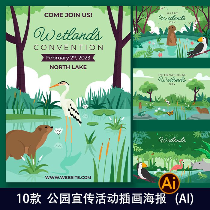 手绘世界湿地日公园宣传活动插画海报网页横幅ai设计素材模板1587
