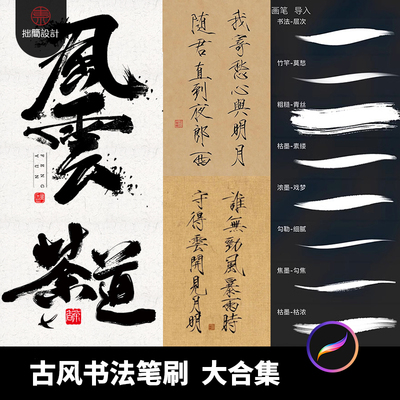 古风水墨书法笔刷毛笔手写瘦金体Procreate笔刷板写ipad中文字体