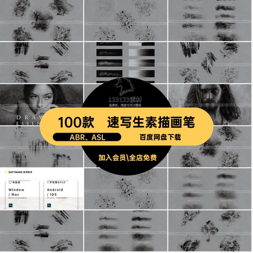专业肖像绘画笔刷ABR ASL人像Ps素描速铅笔蜡笔纹理厚噪100款