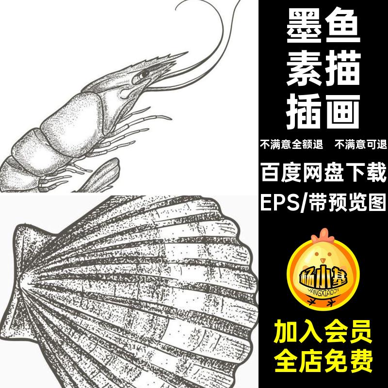 墨鱼素描插画EPS虾三文鱼乌贼螃蟹贝壳素材矢量海鲜eps插画eps