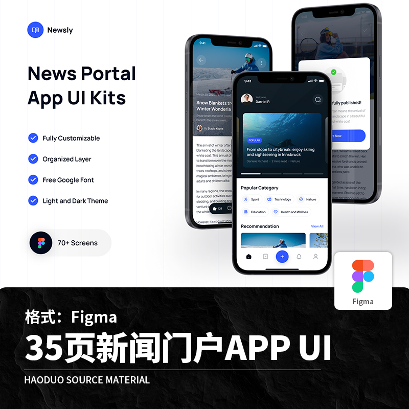 35页双配色蓝色新闻门户趣事分享APP程序UI界面Figma模板设计素材