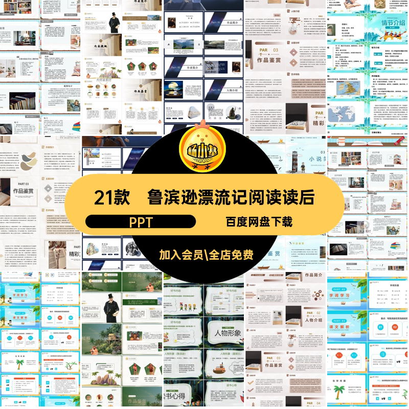 阅读经典会文学赏析漂流记导模板分享鲁滨逊PPT读书课件名著读 - 实物图