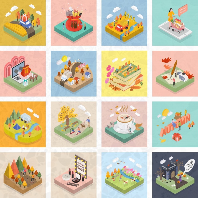 25套 2.5D电商汽车读书出行农场1213生活场景小人AI矢量素材 插画