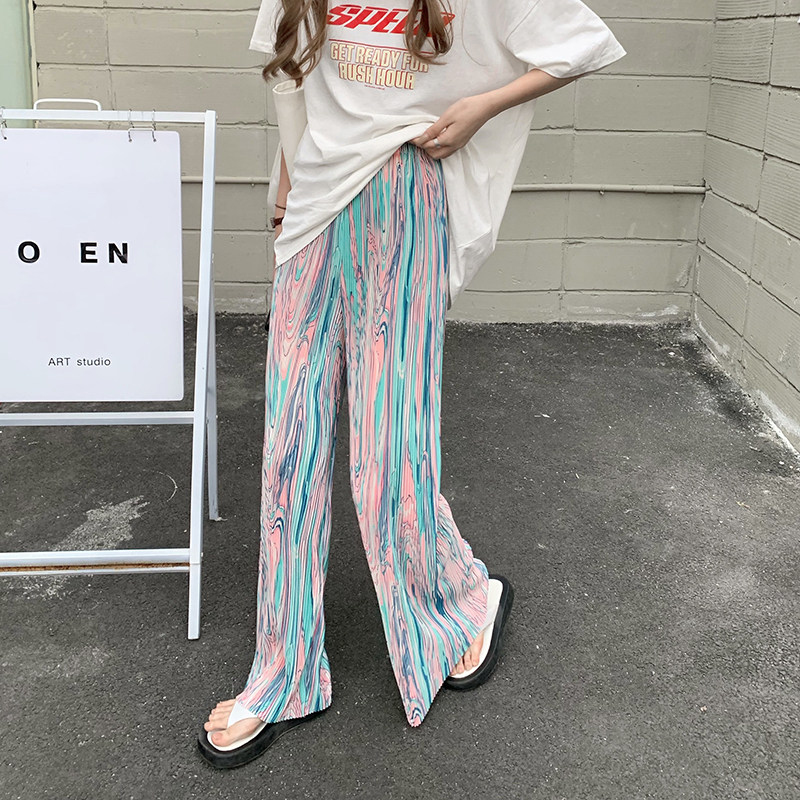 Real price Retro Tie Dyed pleated pants high waist elastic waist wide leg pants personality show thin versatile pants