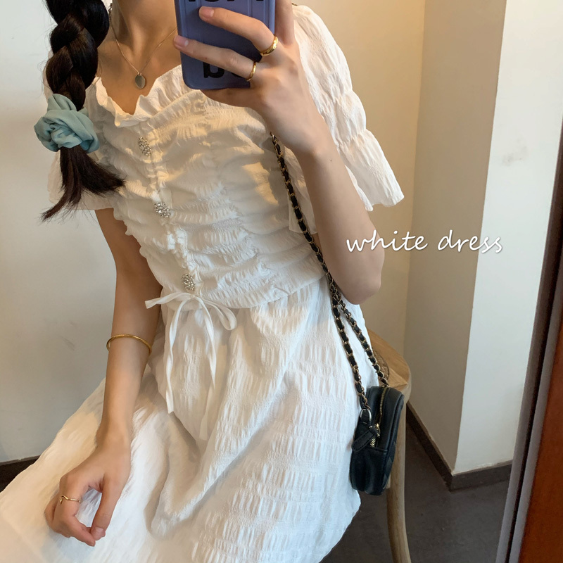 Real auction special price versatile V-neck Pleated Chiffon Nail Drill waist lace up French niche dress