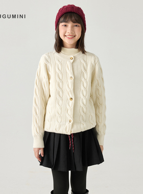 古古家童装2025秋冬女童100%美丽奴羊毛超厚保暖经典绞花开衫毛衣