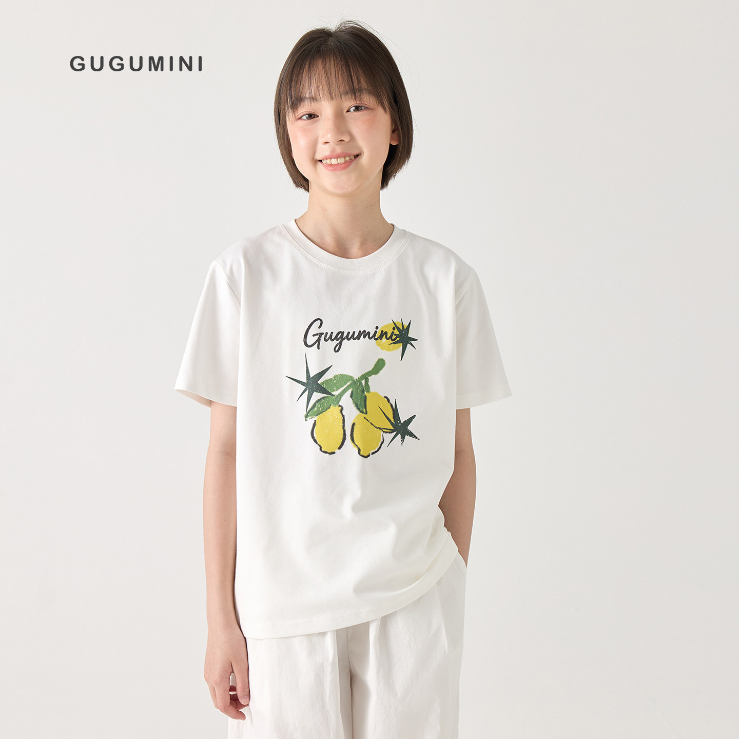 gugumini童装夏季学生女童清新凉爽透气索罗娜棉柠檬印花短袖T恤