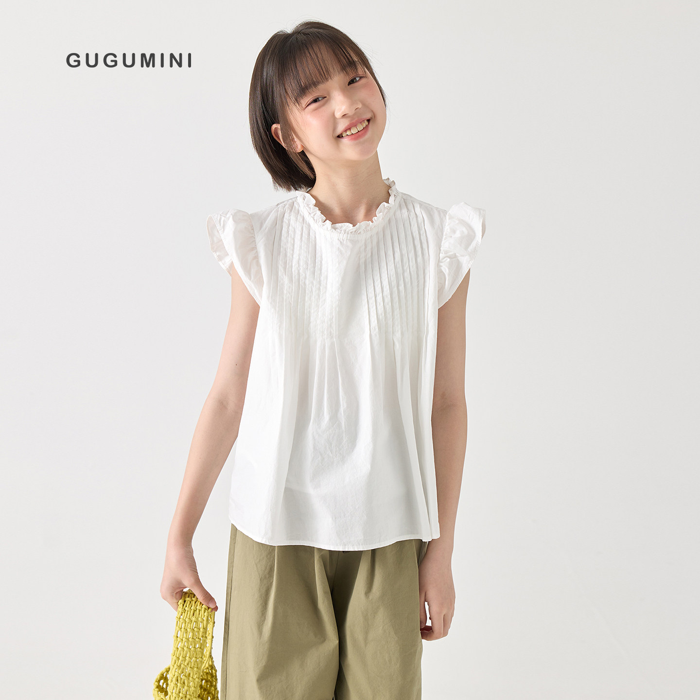 gugumini童装夏季女中大童白色飞飞袖水洗全棉凉爽舒适娃娃衫上衣