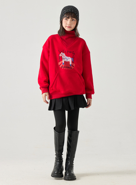 gugumini童装2025冬女童新年装加绒加厚大红色小马印花大翻领上衣