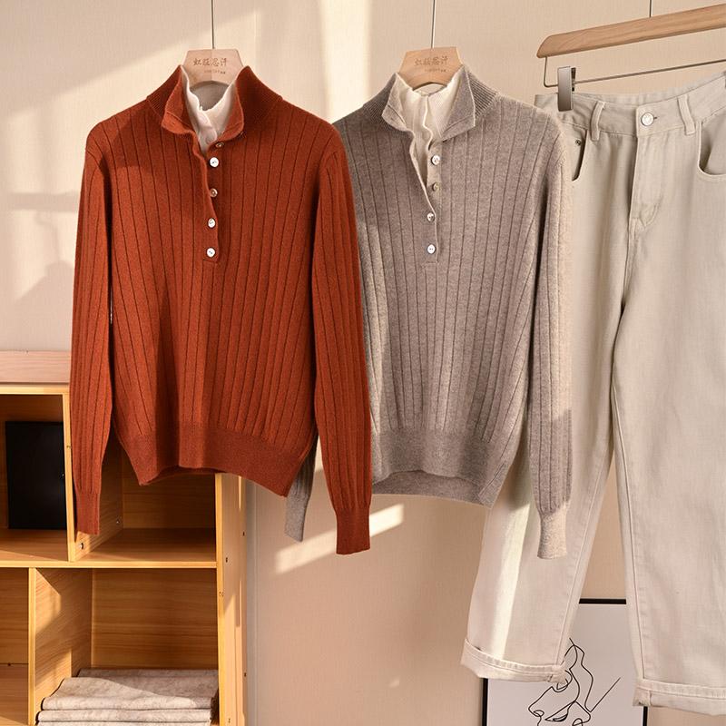 今冬爆款  拼色两翻领纽扣半开衫显瘦美式宽抽条雾感出口山羊绒女