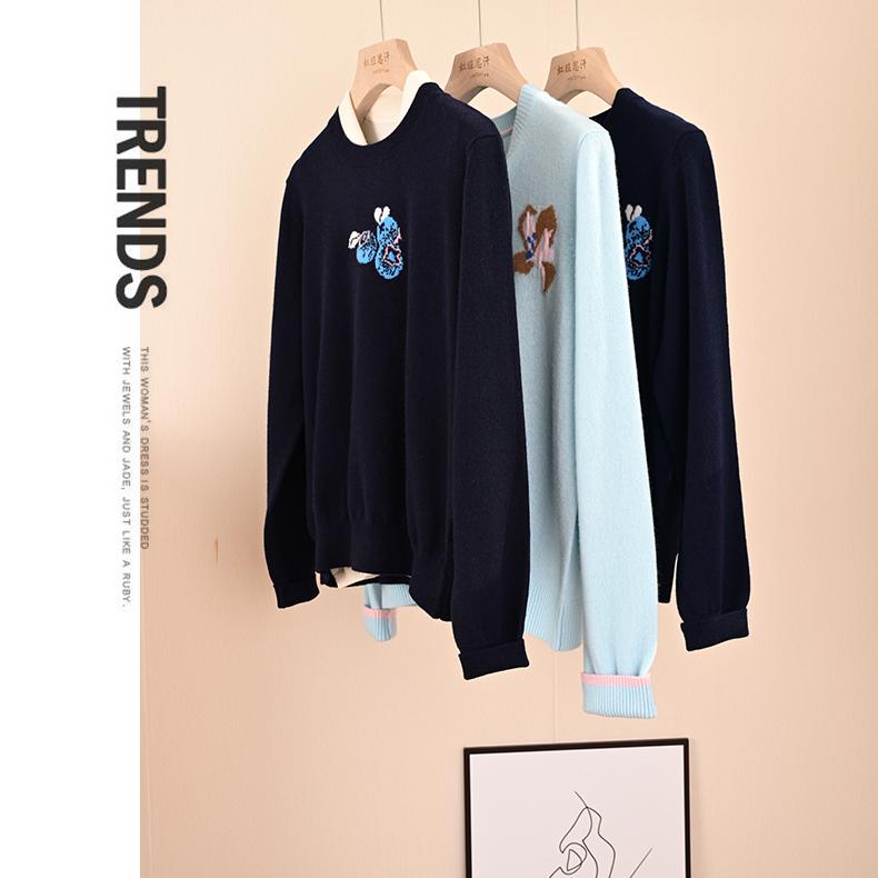 设计师款提花圆领纯山羊绒毛衣女
