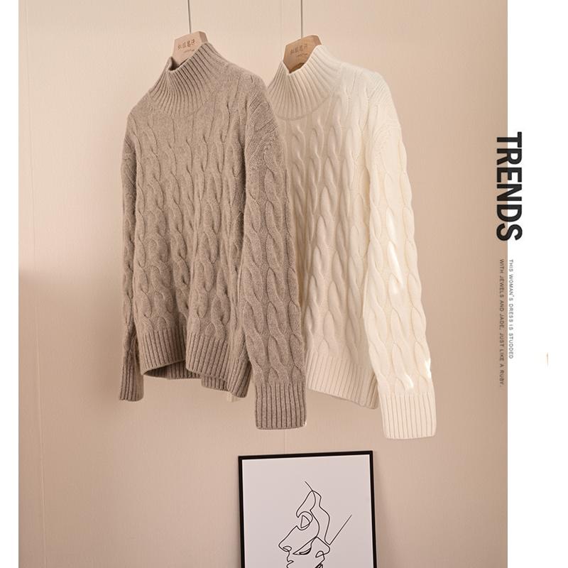 北欧风格 重磅3股加厚 塔尖雾感出口山羊绒麻花宽松毛衣 国簰设计