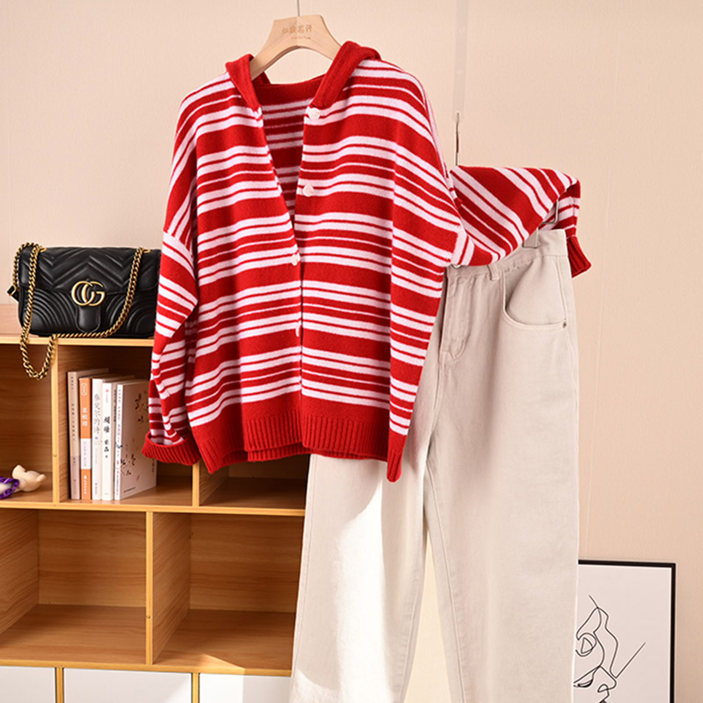 女条纹宽松出口山羊绒加厚开衫