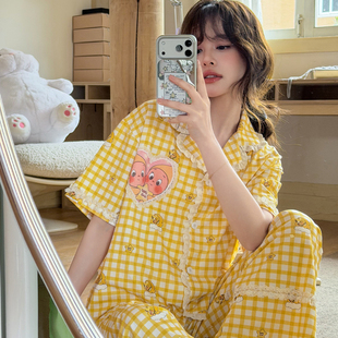黄色格子睡衣女夏季天短袖长裤可爱卡通星星人花边大码家居服套装