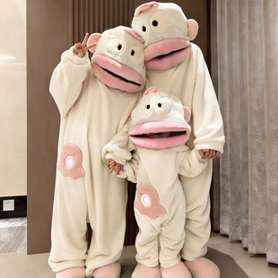 搞怪抽象丑鱼连体珊瑚绒睡衣女2025新款秋冬季加厚加绒大码家居服