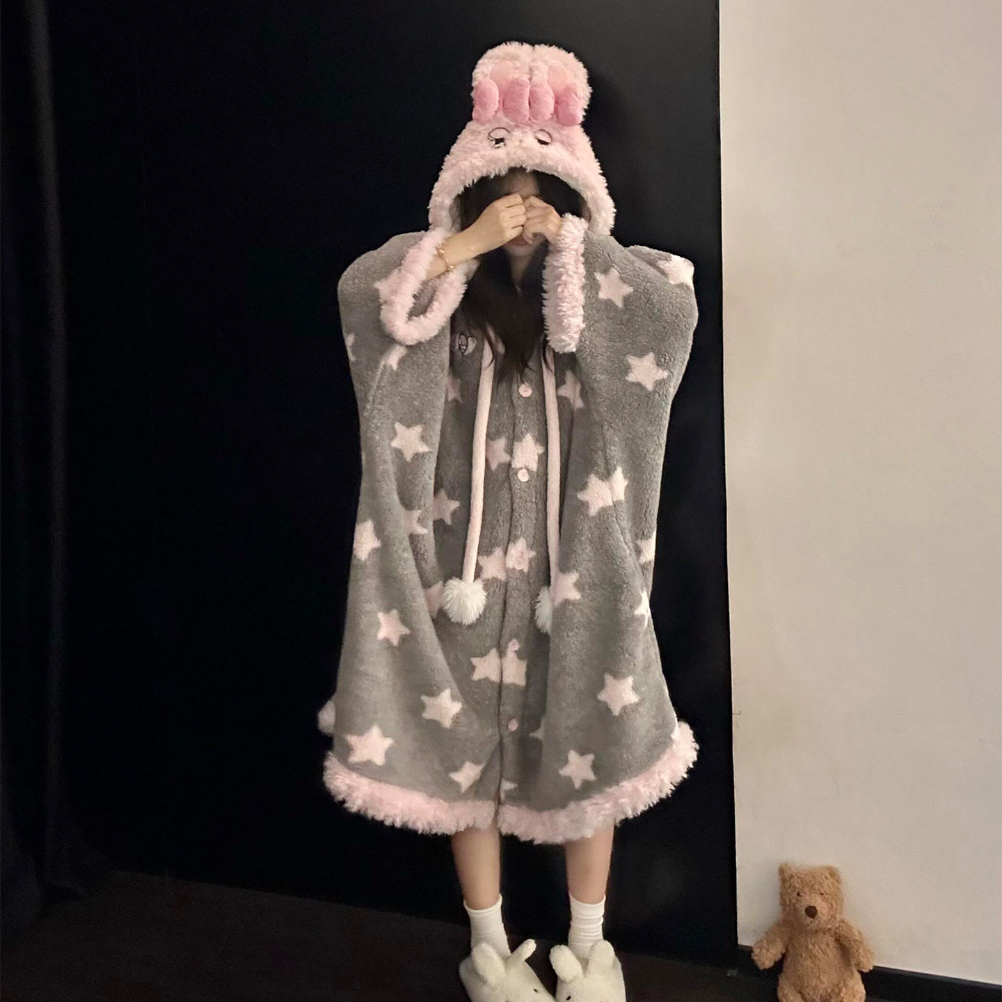 韩系甜美星星睡衣女2026冬季超火珊瑚绒睡袍可爱卡通大码家居服男