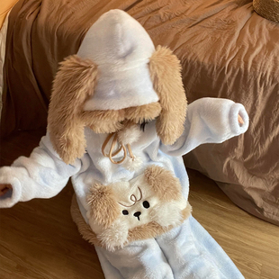 可爱毛绒小狗连帽珊瑚绒睡衣女秋冬季新款加绒加厚保暖家居服套装