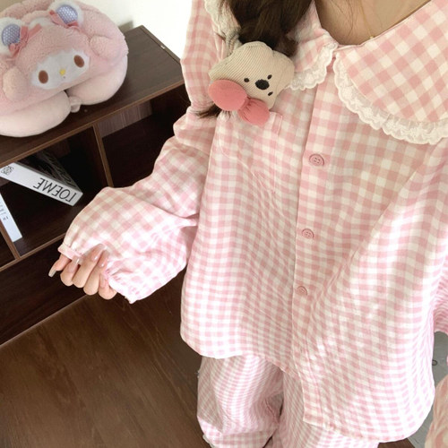 春秋甜美粉色格子纯棉睡衣套装女2025秋季新款长袖长裤全棉家居服
