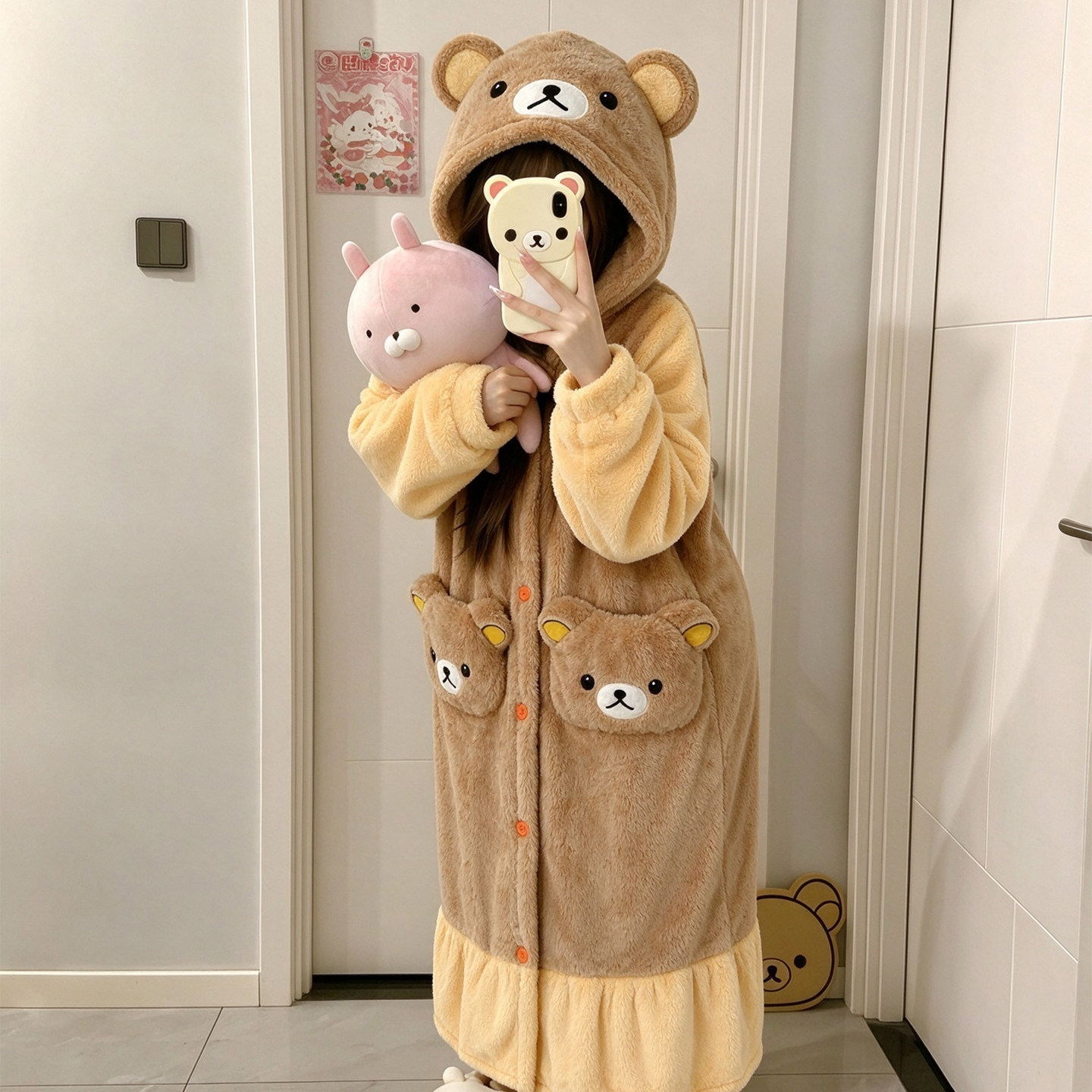 轻松熊睡衣女冬季珊瑚绒加厚加绒大码可爱卡通情侣睡袍男士家居服