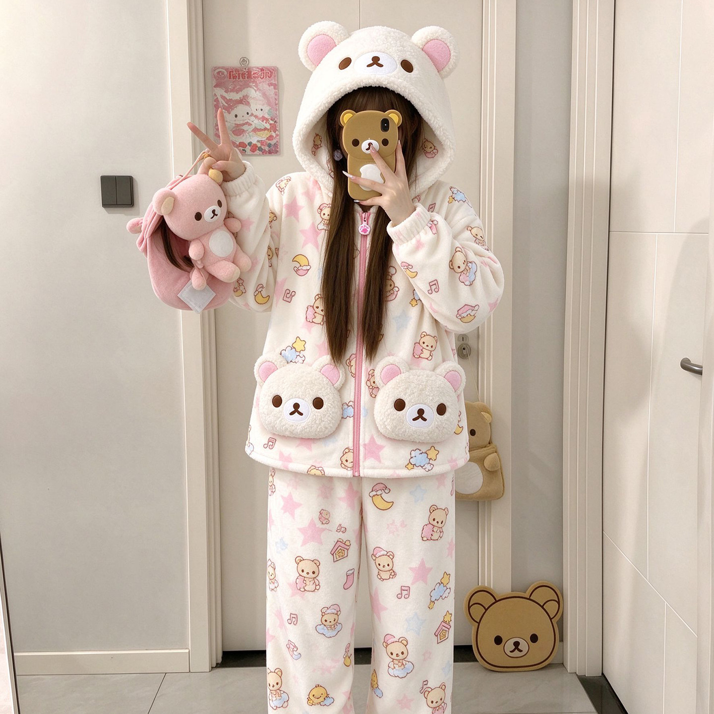 可爱卡通轻松熊情侣睡衣男女款冬季法兰绒连帽保暖大码家居服套装