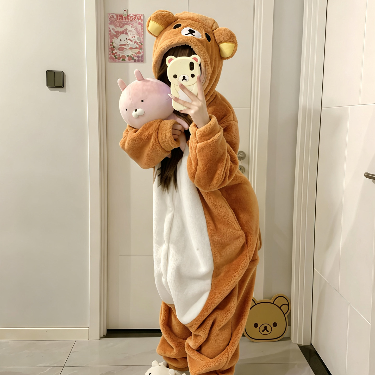 日系可爱轻松熊连体睡衣女冬季加绒加厚珊瑚绒情侣卡通大码家居服