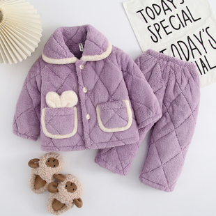 儿童翻领法兰绒睡衣冬季三层夹棉加厚款女童男童可爱家居服