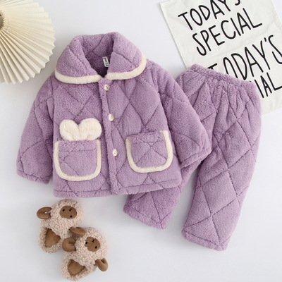 儿童翻领法兰绒睡衣冬季三层夹棉加厚款女童男童可爱家居服