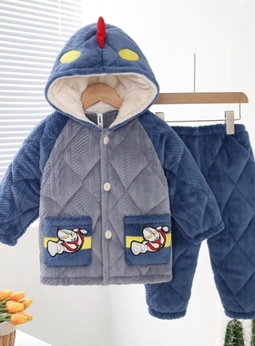 冬季女童儿童睡衣三层夹棉加厚法兰绒家居服套装连帽可爱保暖衣服