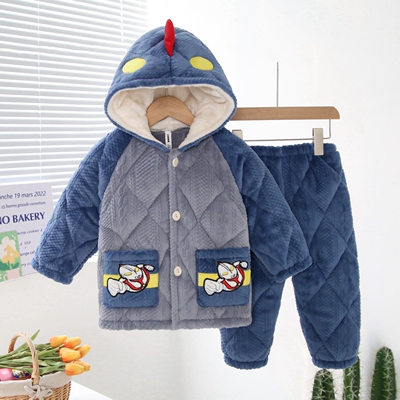 冬季女童儿童睡衣三层夹棉加厚法兰绒家居服套装连帽可爱保暖衣服