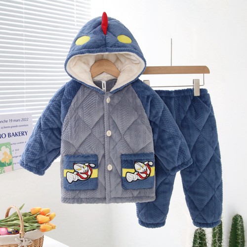 冬季女童儿童睡衣三层夹棉加厚法兰绒家居服套装连帽可爱保暖衣服