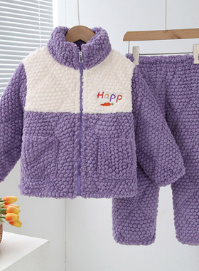 儿童睡衣女冬季法兰绒加绒加厚三层夹棉女孩保暖珊瑚绒女童家居服