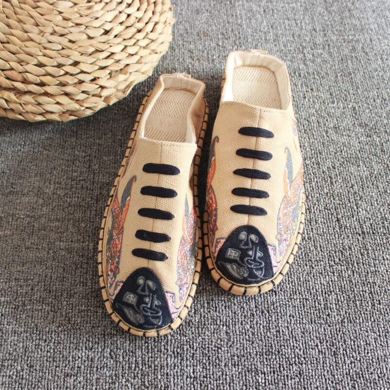 民族风复古图腾男手工千层底汉服禅意休闲一脚蹬拖鞋帆布平底布拖