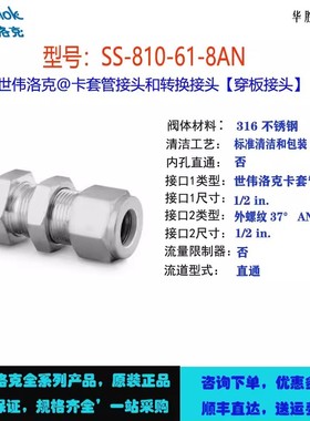 SS-810-61-8AN世伟洛克Swagelok 不锈钢卡套管接头穿板联合接头