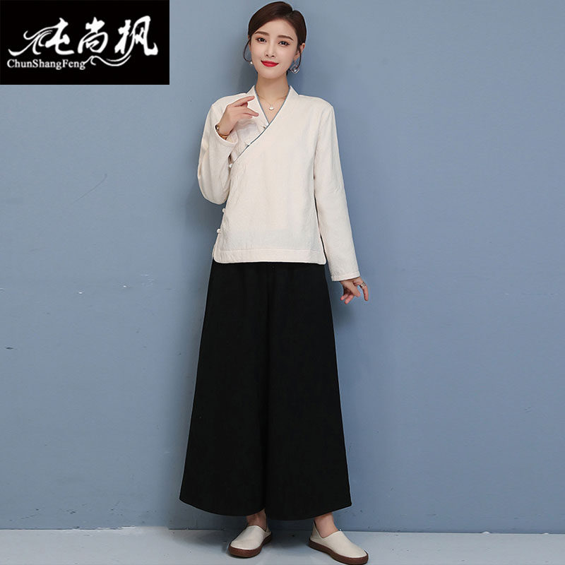 中国风复古唐装瑜伽服加绒加厚上衣茶人服秋冬汉服女茶艺师工作服