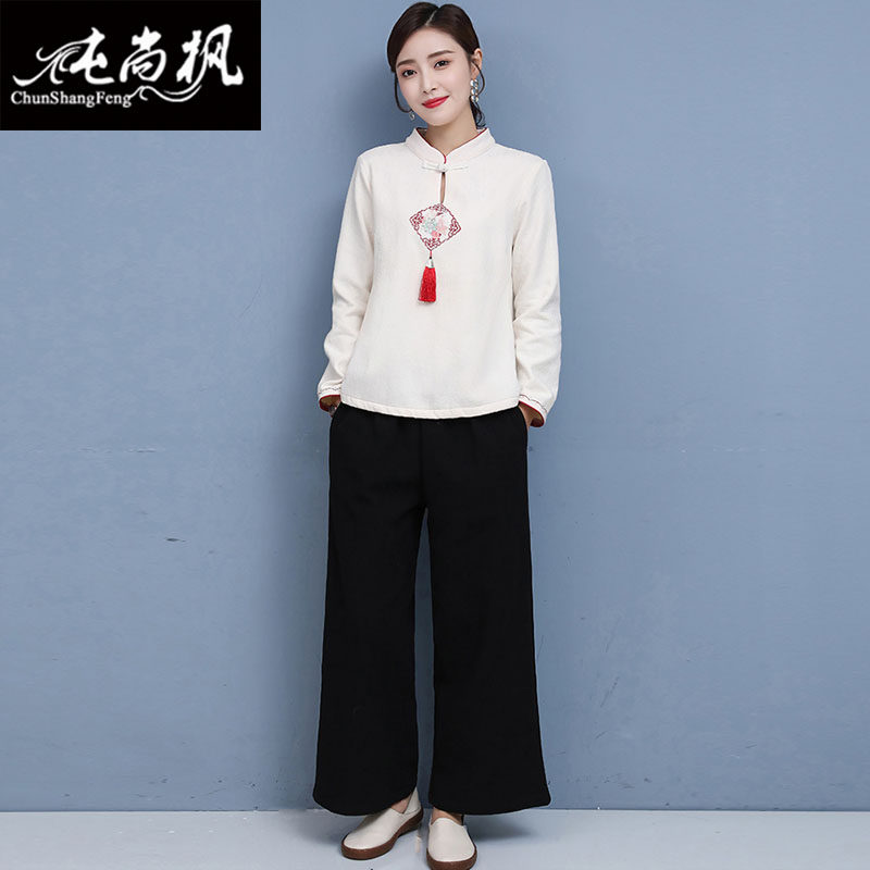 民国复古唐装茶艺服秋冬汉服加绒加厚套装女美容馆茶楼采耳工作服