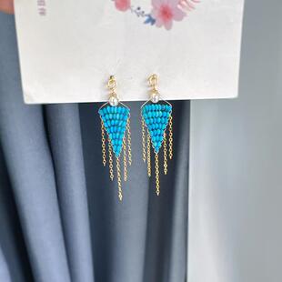 天然蓝松石编织耳环倒三角14K注金流苏女款淡水珍珠精致耳钉