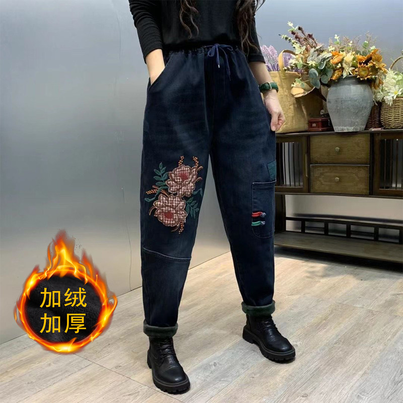 绣花哈伦裤百搭牛仔长裤冬季加绒