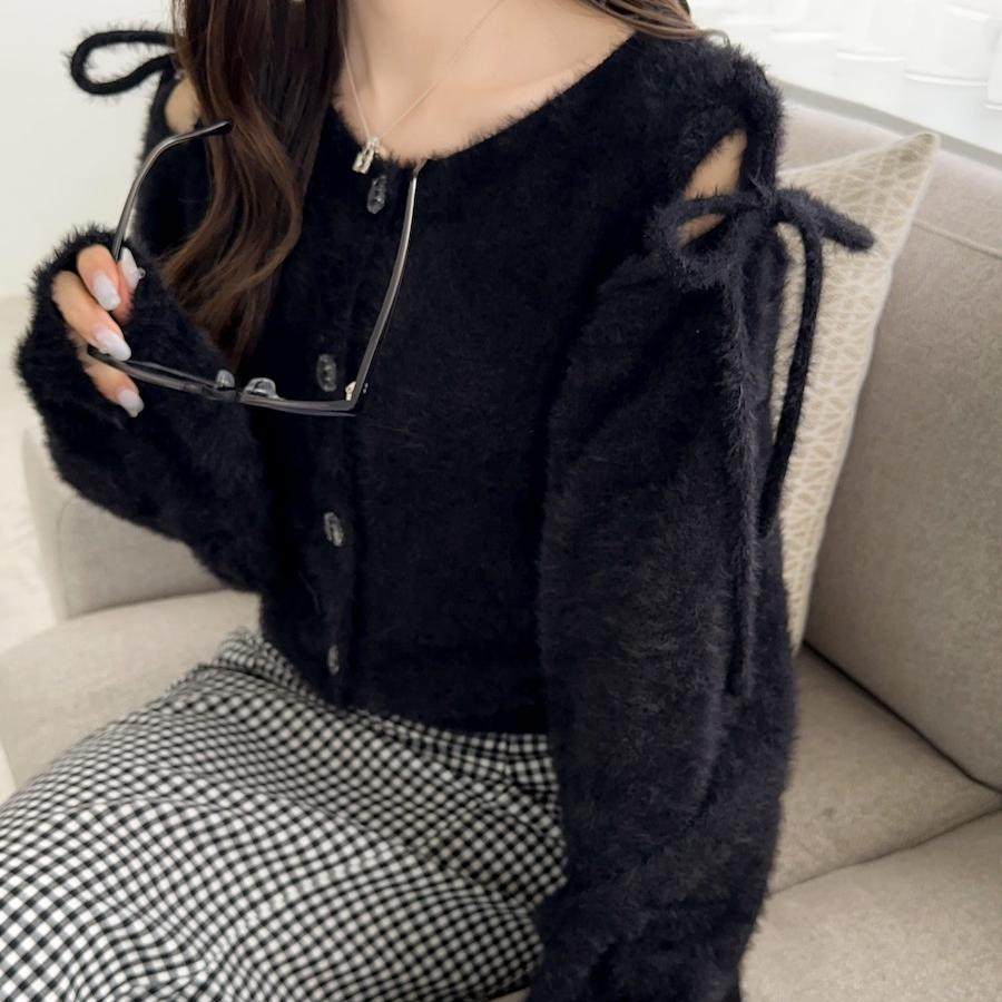 清仓冬季毛绒感日系少女露肩蝴蝶结系带纯色柔软长袖毛衣开衫上衣